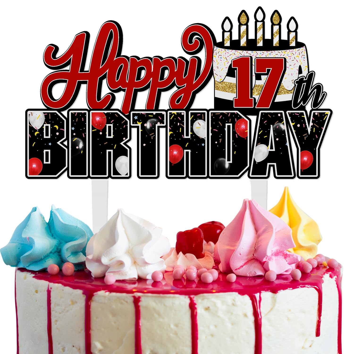 LINGTEER Happy 17th Birthday Red Acrylic Cake Topper,Red Theme Birthday Cheers to Seventeen Years Old Party Cake Decorations Gift Sign.