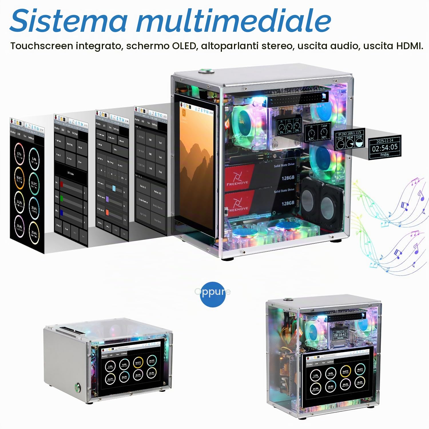 Freenove Raspberry Pi 5 Case Kit Pro (with 1x 128GB SSD), Dual M.2 NVMe SSD Slots, 5 PWM ARGB Fans Light Sync, CPU Tower Cooler, 4.3" Touchscreen, Stereo Speakers, 3.5 mm Audio