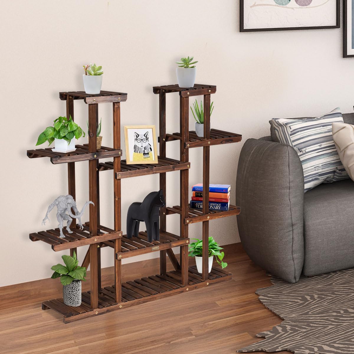 GIANTEX Étagère à Fleurs en Bois à 6 Niveaux, Porte Plante avec 9 Tablettes, Étagère Plante Extérieure Intérieur,Idéal pour Terrasse Balcon Maison Jardin,125 x 25 x 114 cm
