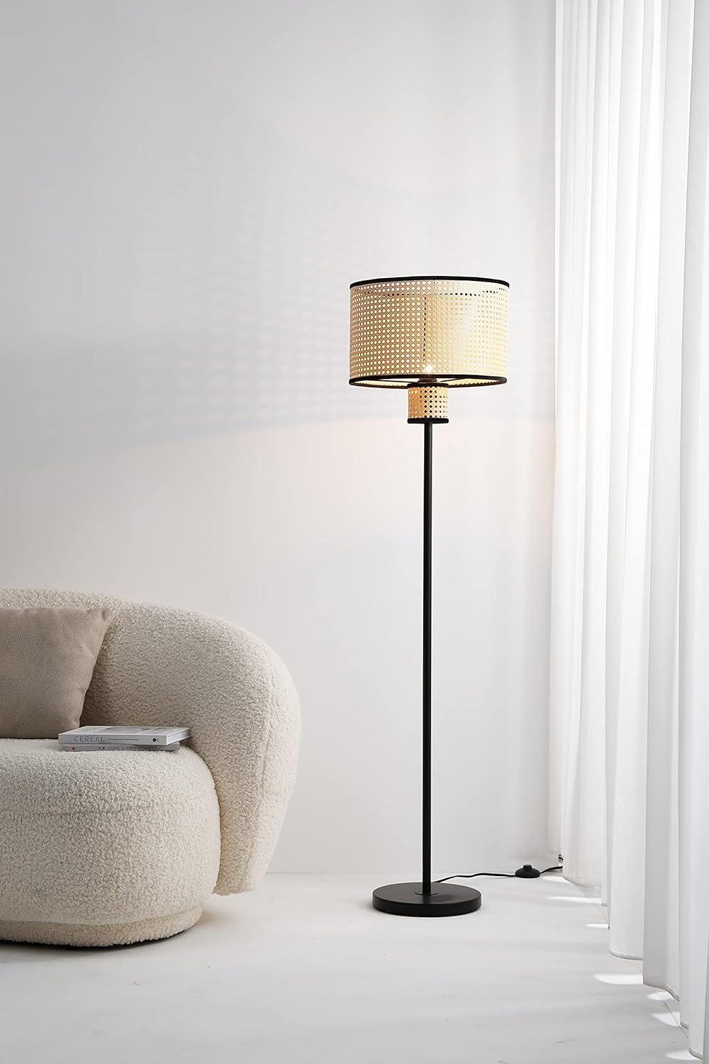 Nakuv - Modern Bohemian Floor Lamp with 2 Tier PVC Rattan Shade and Velvet Stiched Rim for Foyer, Kitchen Living Room, Bedroom, Beige