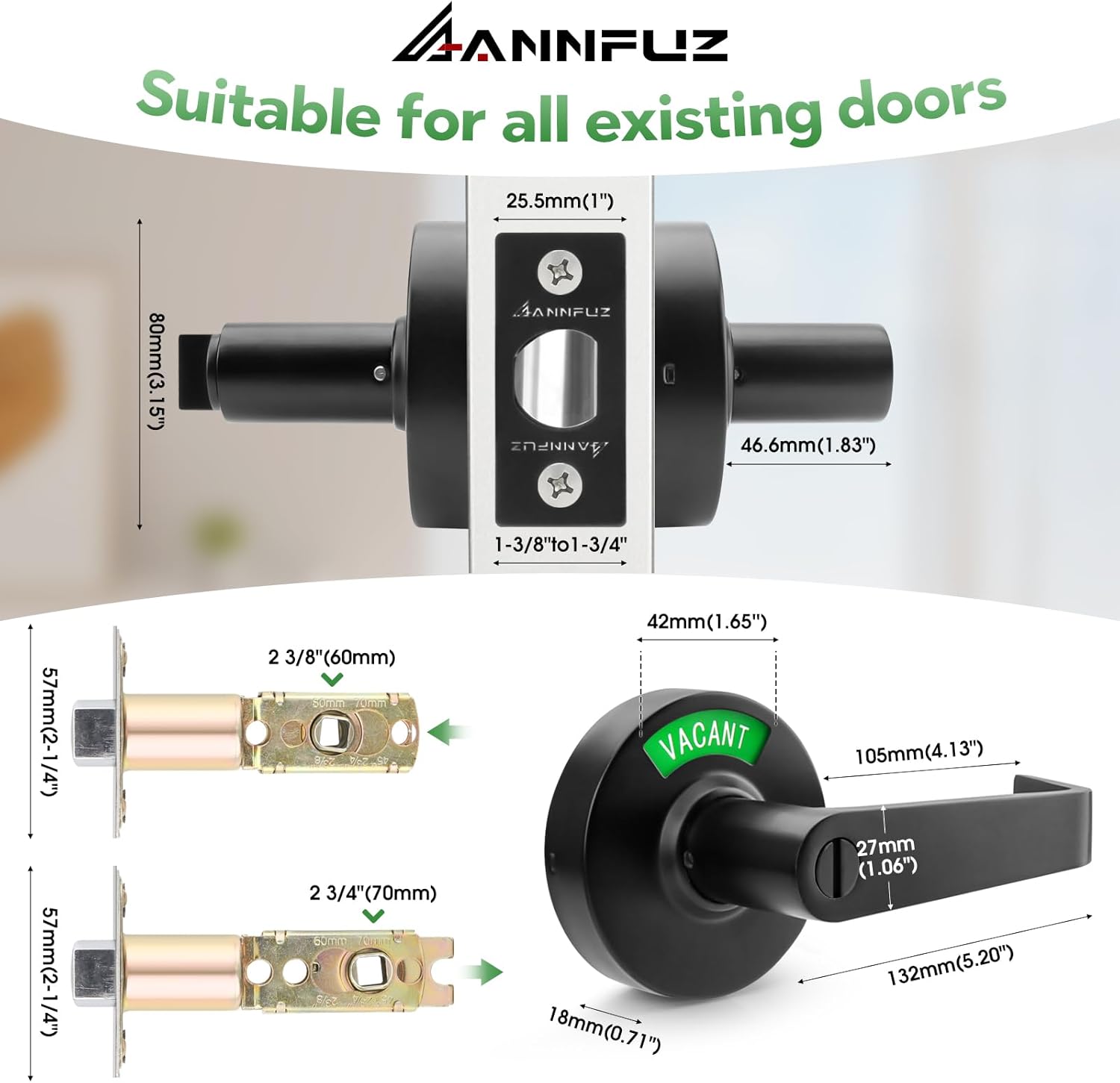 Vacant Occupied Bathroom Handle Door Lock for Restrooms,Privacy Keyless Lever Lock with in-Use Vacancy Indicator,Open/Close Sign,Commerical Grade,for Public Washroom(80mm,Matte Black)