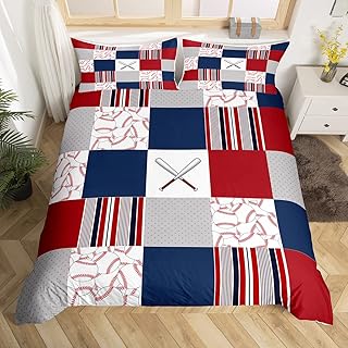 Castle Fairy Baseball Duvet Cover Set Twin Size,Cartoon Sports Game Bedding Set forÂ KidÂ TeenÂ BoysÂ GirlsÂ RoomÂ Decor,Red Striped Plaid Comforter Cover,Wave Point Grid Quilt Cover withÂ 1Â Pillowcase