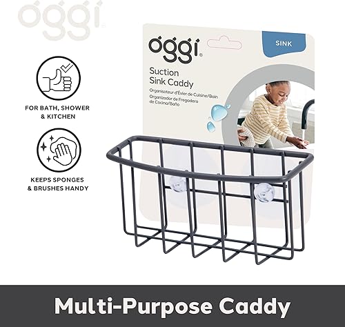 Vista 5 de Oggi Organizador de fregadero de metal con succión: cepillo de cocina, jabón de barra o soporte de esponja para fregadero de cocina, gran