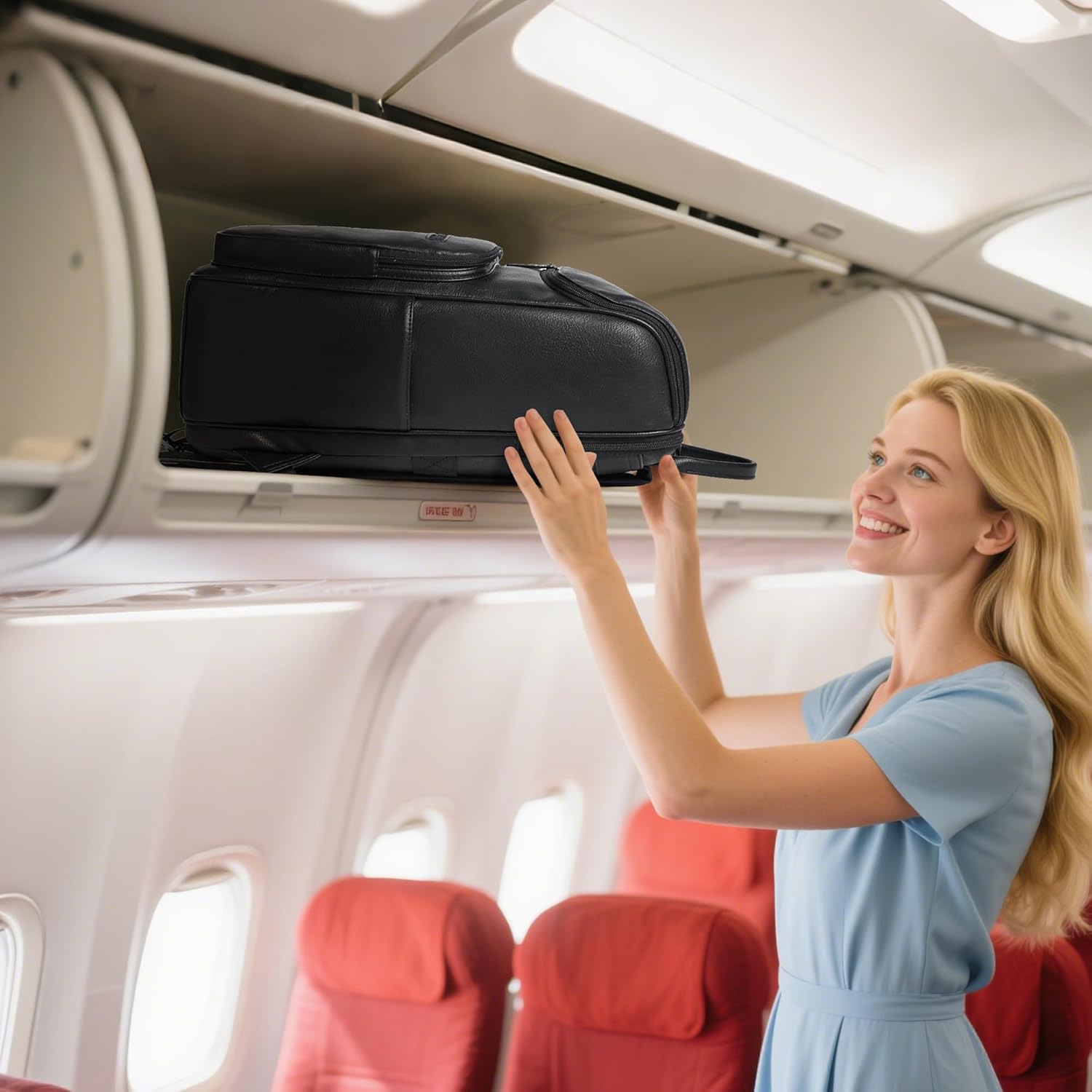 Leather Backpack for Women, Fits 17 Inch Laptop in Main Compartment, Dedicated 15.6 Inch Padded Sleeve, Large Vegan Leather Travel Computer Bag with Luggage Strap for Business and Work, Black