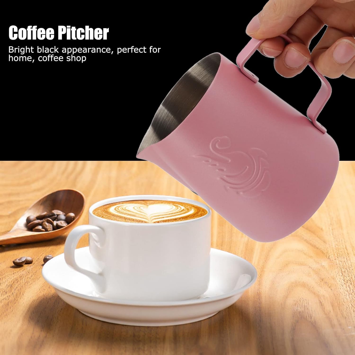 Milk Frothing Pitcher, 14oz Stainless Steel Steaming Pitcher Milk Frother Cup with Swan Print for Cappuccino Latte Coffee Art, 3.1 X 3.7in ()