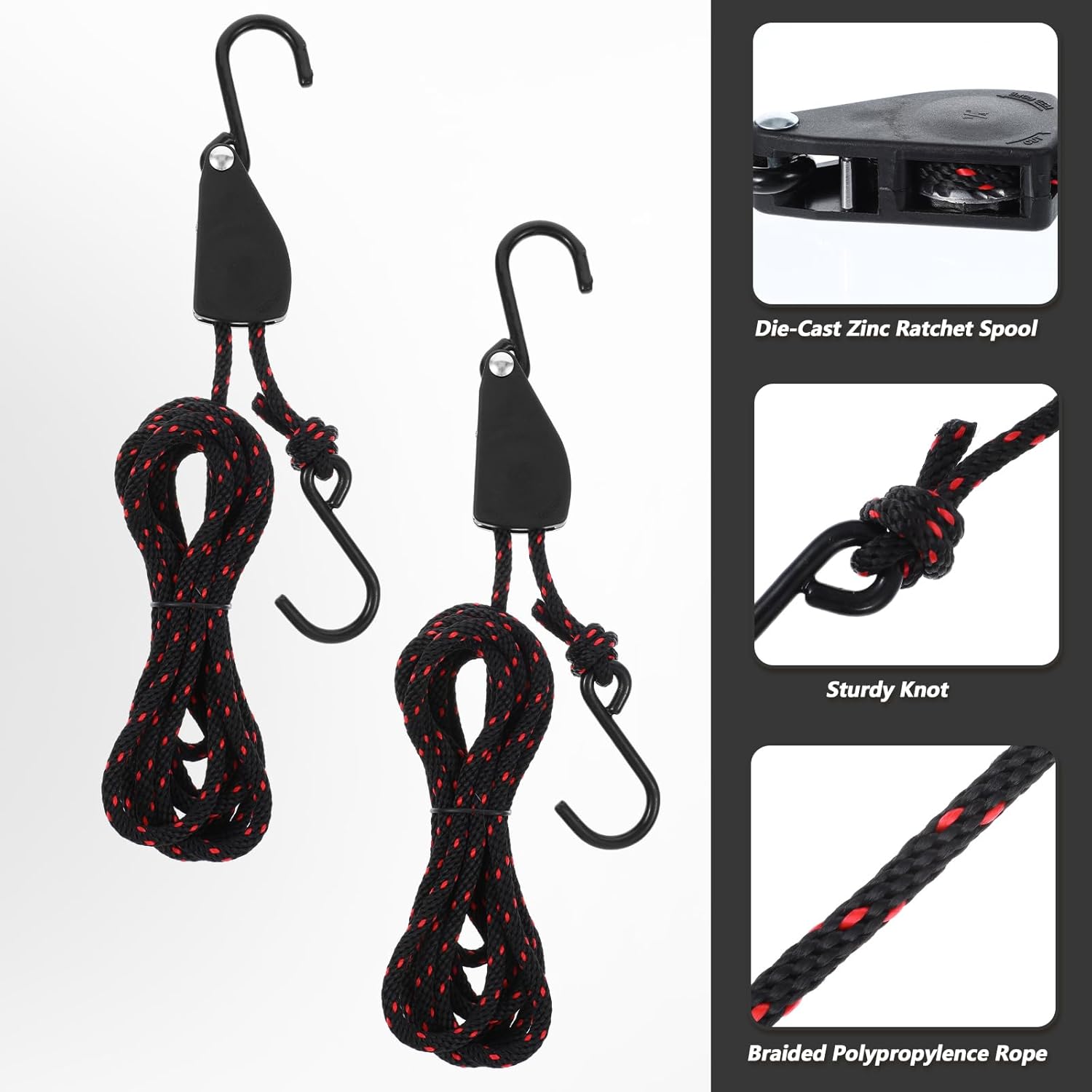 4 PCS 1/4" x 11.8ft Heavy Duty Kayak Tie Down Straps Ratchet Bow and Stern Rope with S Hooks Adjustable Kayak and Canoe Accessories for Roof Rack, Camping, Boating(Black) - Image 4