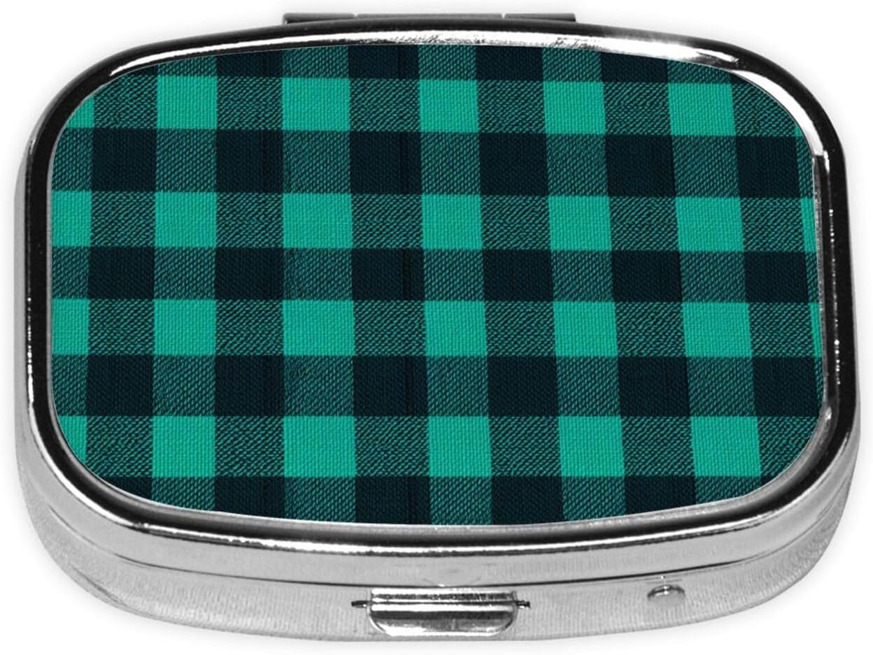 Dark Green and Mint Checkered Squares Pill Box Square Metal Pill Case with 2 Compartment Travel Pill Organizer for Vitamins Medication