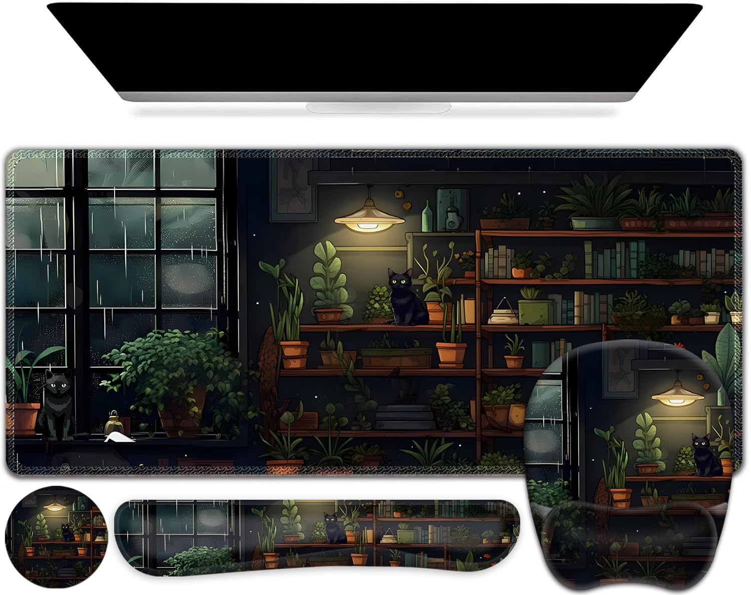 Aesthetic Green Plant Books Mouse Pad with Wrist Support 4 in1 Set, XXL Big Game Mousepad + Keyboard Wrist Rest + Mouse Wrist Rest Pad +Coaster Gaming Mat for Work Study I Japanese Anime Lofi Cat — image 1