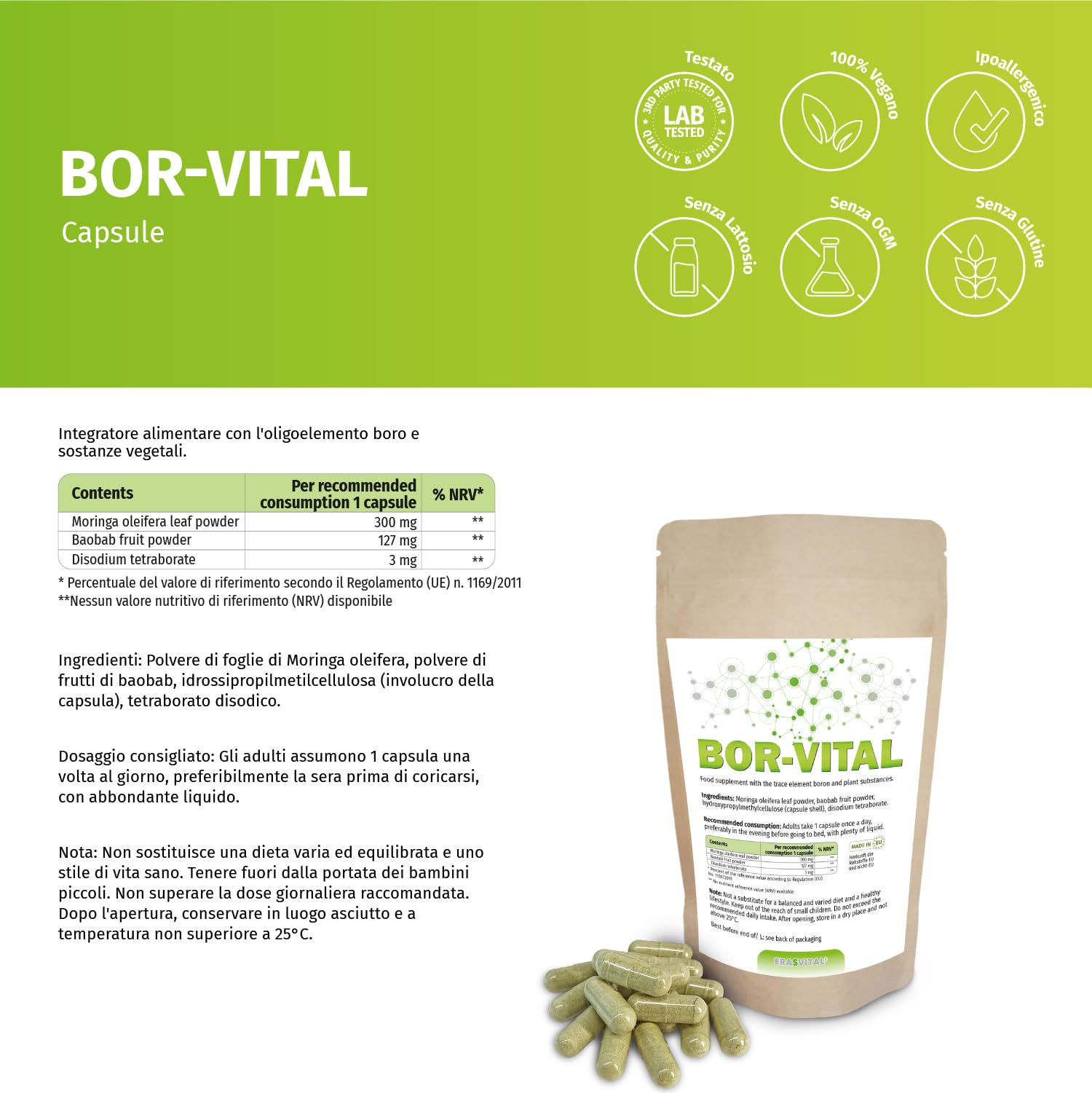 Bor-Vital 3mg je 540 Kapsel Kapseln mit wichtigen Pflanzenstoffen für optimale Bioverfügbarkeit einer Konzentration von Bor ≤ 0,3% vegan (540 stück (1er Pack))