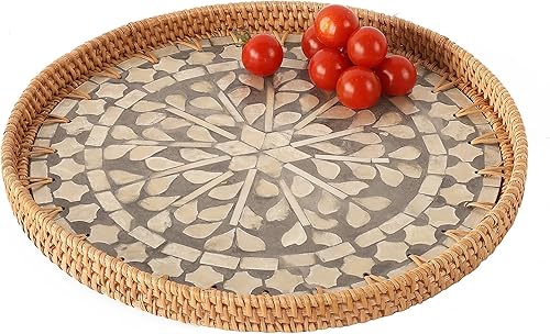 Miniatura 1 de Bandeja de ratán de 11.8 pulgadas con base de madera con incrustaciones de nácar  Bandeja redonda de mimbre tejida  Bandeja de mesa auxiliar para