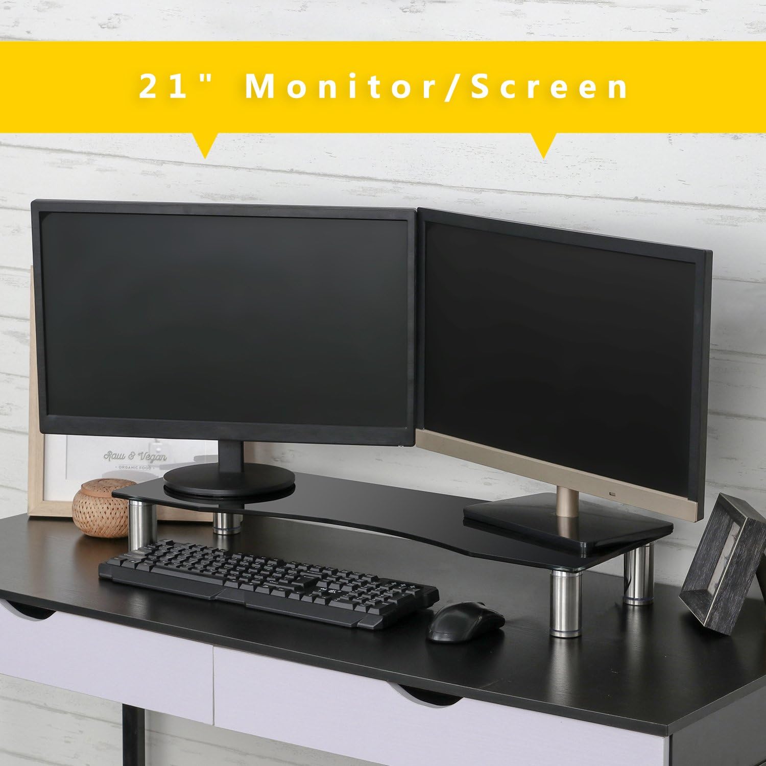 Monitor Stands Curved Glass Computer Risers for PC Monitors, Laptops, Computers & TVs for Home and Office Using, Height Adjustable-27.5" x 9.5"- Black Two Monitors Using