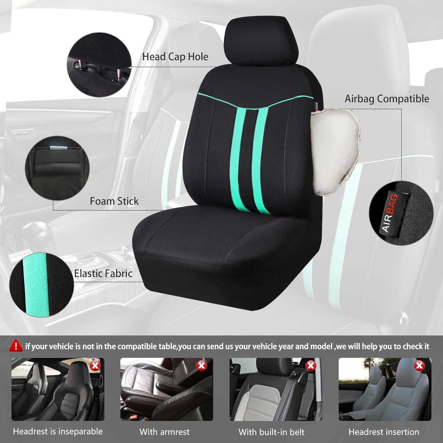CAR PASS Piping Leather Universal Fit Steering Wheel Cover, Cloth Car Seat Covers Full Set, Waterproof Edge Leather Floor Mats, Car Accessories Interior Sets, Black and Mint