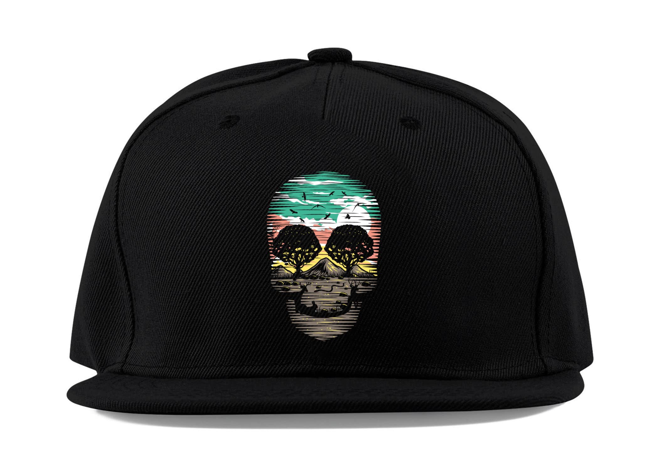 Casquette baseball visière plate pour festival et streetwear en coton noir motif tête de mort - 3