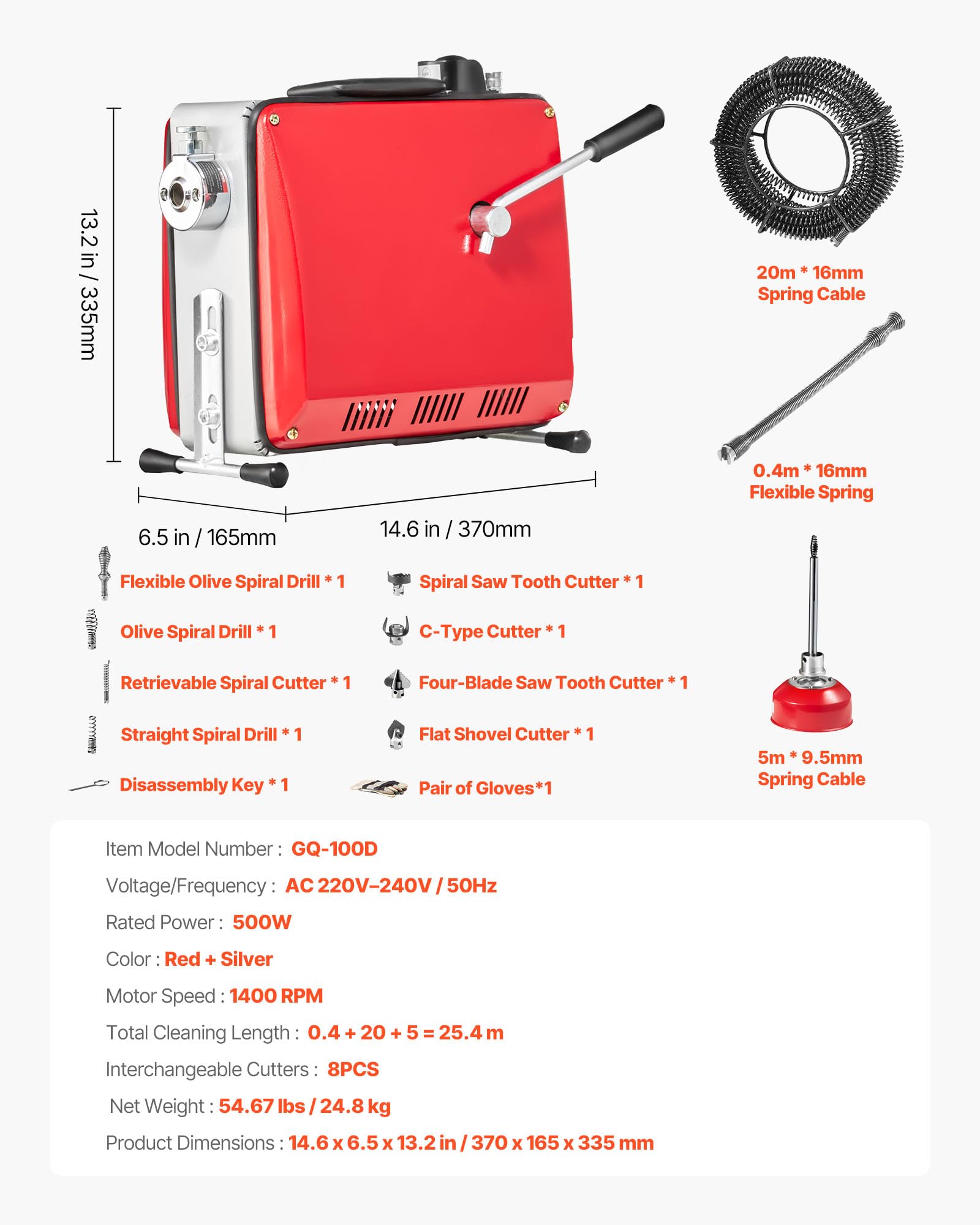 VEVOR Desatascador de Tuberías Eléctrico 500 W 1400 RPM con Cable de Resorte de 20 m x 16 mm, 0,4 m x 16 mm, 5 m x 9,5 mm y 8 Cabezales de Limpieza, Apto para Tuberías de 50 a 110 mm de Diámetro