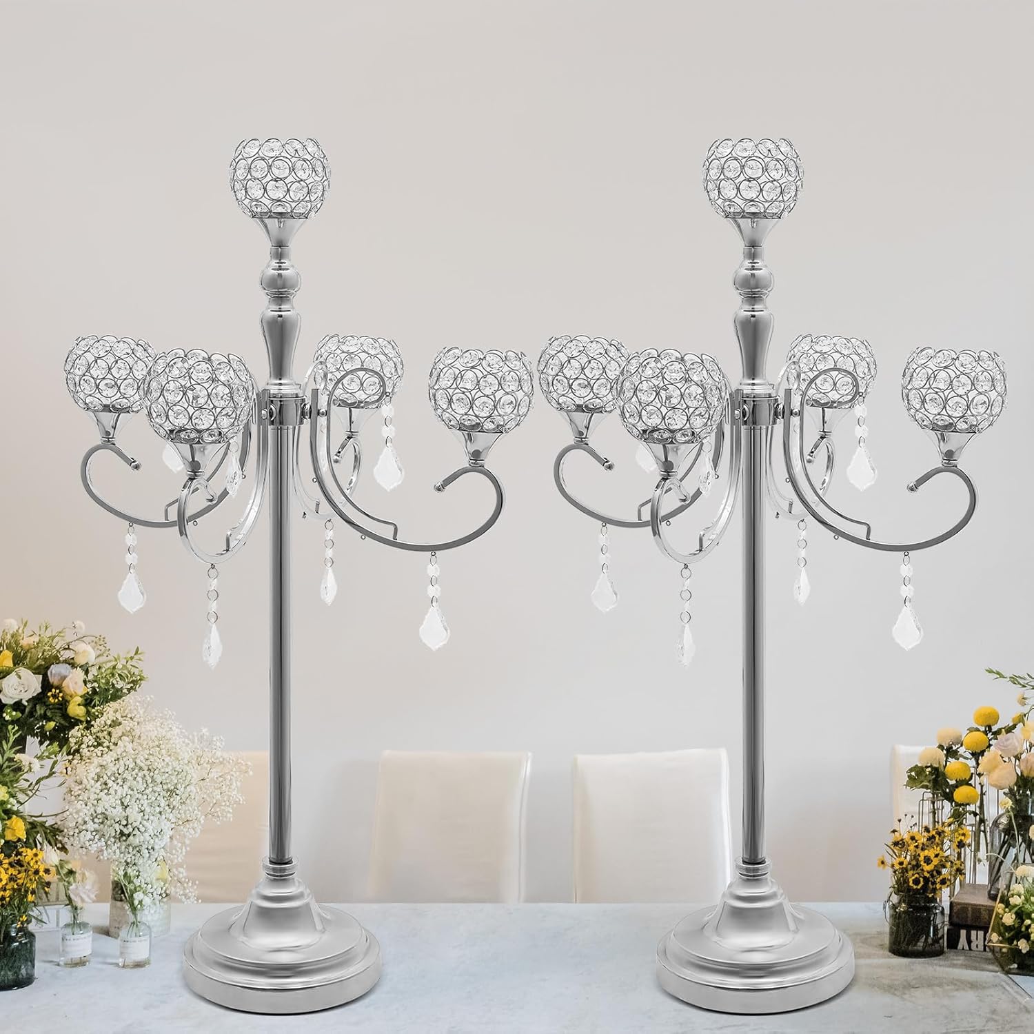 2 PCS Gold 5 Arm Candelabras Table Centerpieces for Party Event, 34 Inches Metal Candlesticks Holder with Crystal Beaded Chandelier Stand for Wedding Ceremony Gift