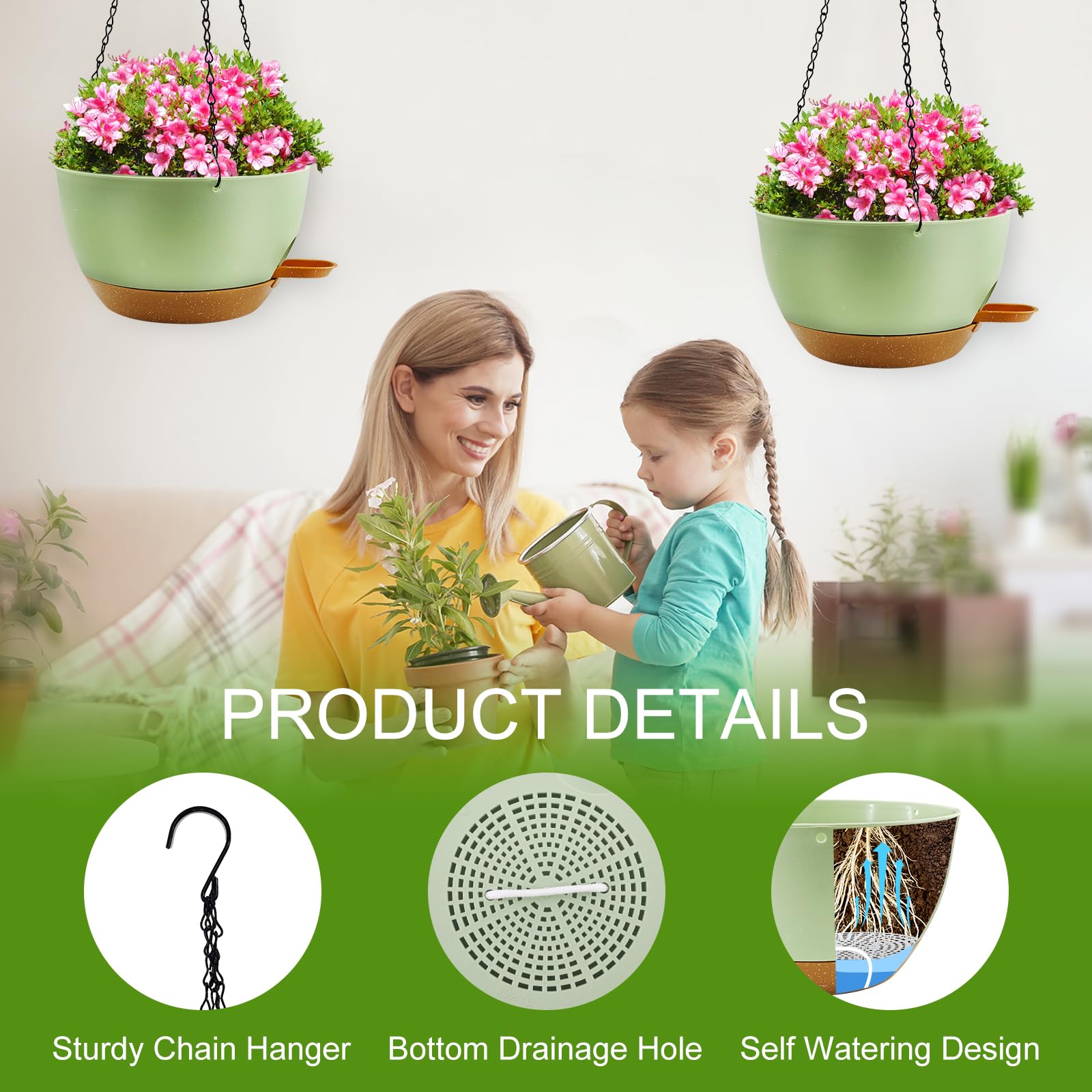 Lot de 2 pots de fleurs suspendus pour plantes d'intérieur, pots de fleurs à arrosage automatique avec chaîne et trous de drainage, paniers suspendus en plastique pour jardin et décoration d'intérieur