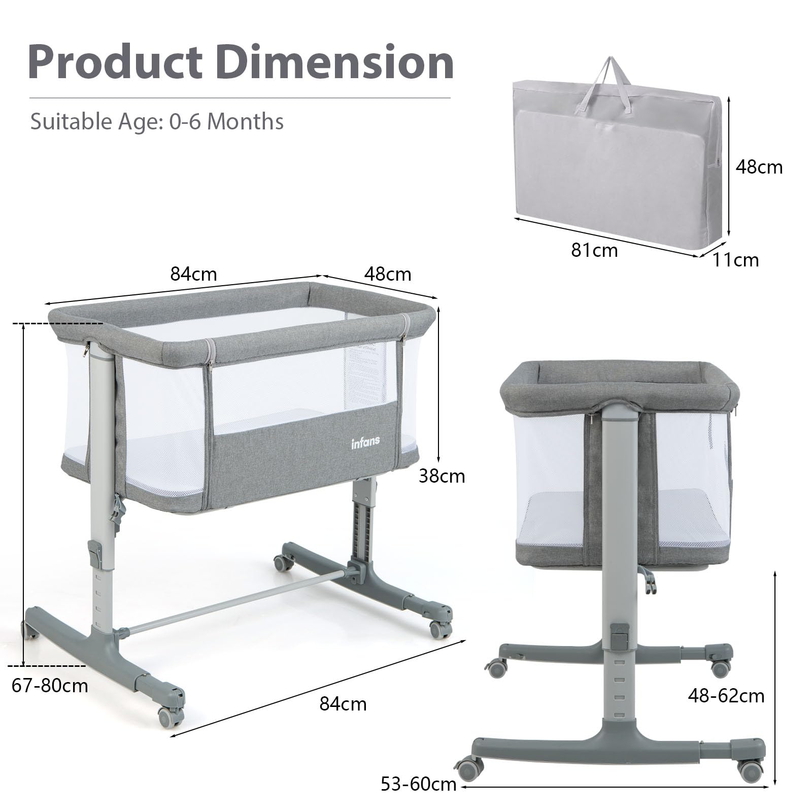 LIFEZEAL 3 in 1, culla regolabile in altezza a 5 livelli, culla con materasso, lettino da viaggio mobile su ruote con navicella, culla per bambini dalla nascita fino a 9 kg (grigio chiaro)