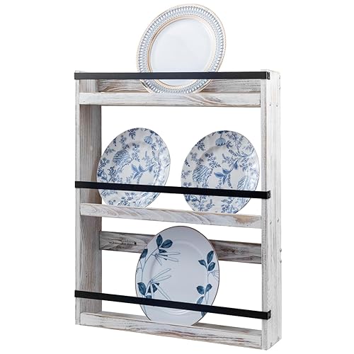 MyGift Wall Plate Display Rack, 3 Tier Farmhouse Whitewashed Wood
