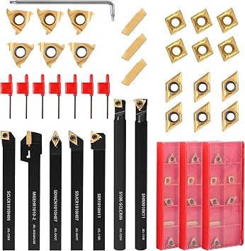 28PCS 10mm 3/8" Indexable Lathe Turning Tool Kit with 21PCS Carbide Inserts | 7PCS Lathe Holder Shanks with Inserts for Metal Semi-Finishing,Threading,Grooving,Turning,Boring