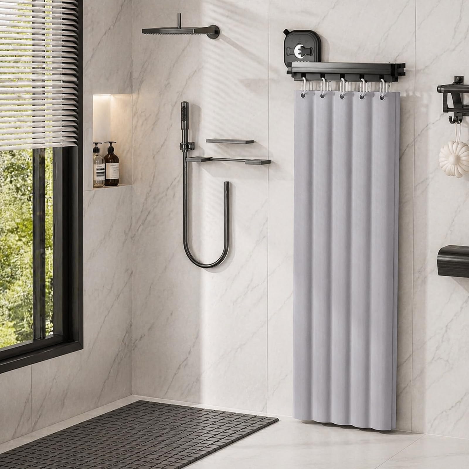 Duschvorhangstange - Ohne Bohren L/U Form 3 Fold Faltbar - Duschstange Mit Starkem Saugnapf Shower Curtain Rail Winkelverstellbar Wasserdicht Für Bad Wohnmobil Gäste Wc
