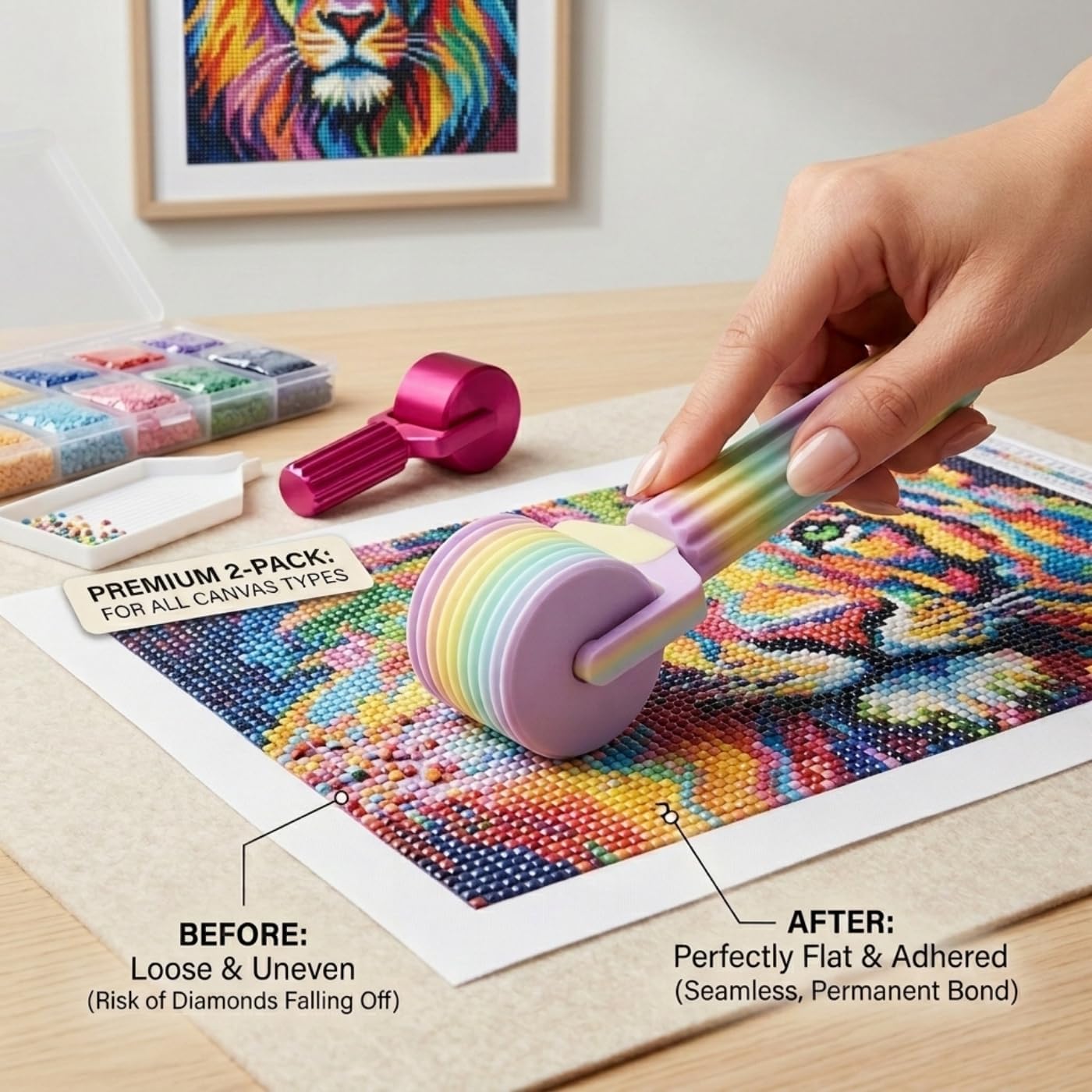 Diamond Art Roller 2 Pack for Diamond Painting, Diamond Painting Roller Tool with Protective Clear Ring & Sponge Grip, Rainbow Brayer Accessories for Pressing Loose Drills