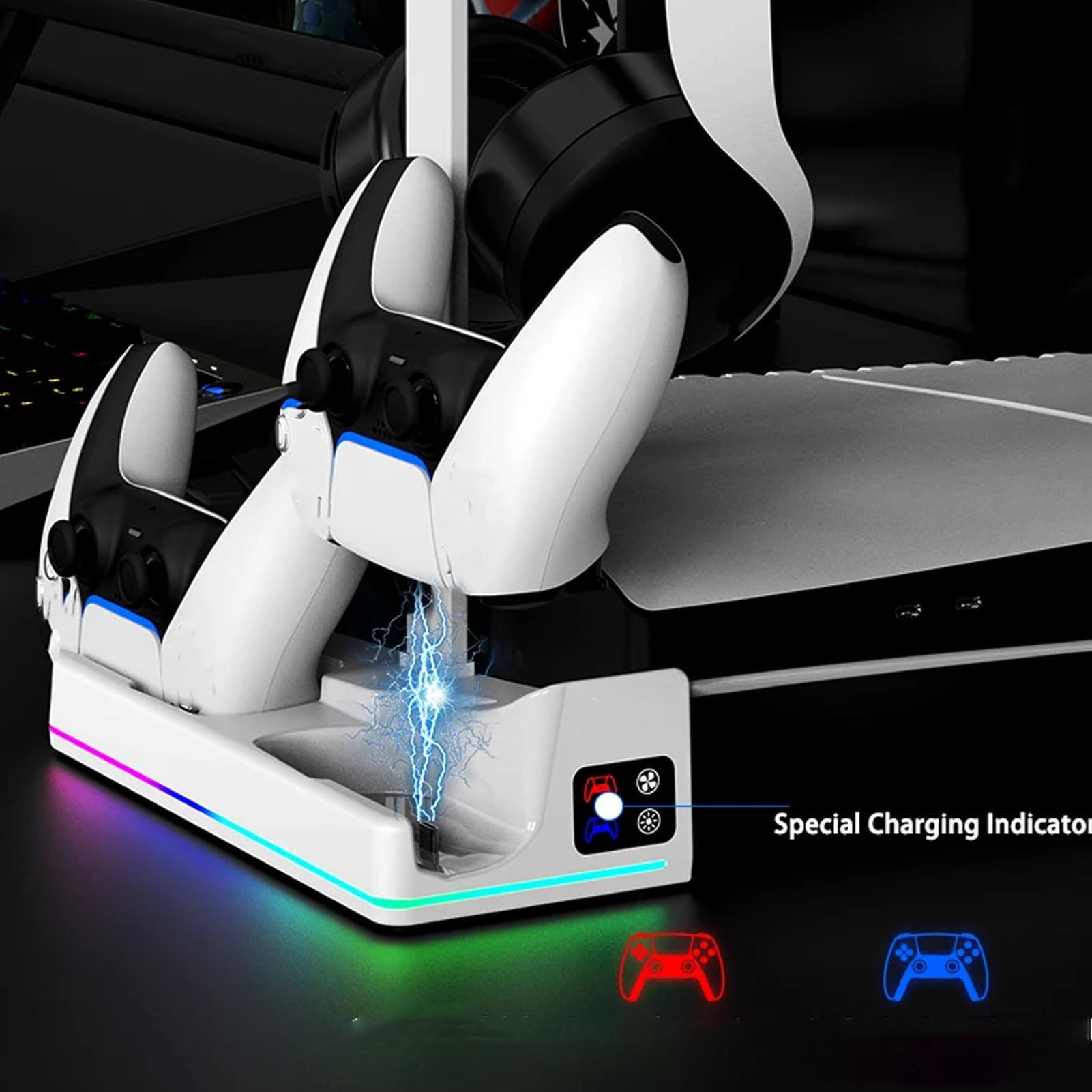 Soporte Horizontal con Ventilador de Refrigeración y Cargador Doble para Mandos, 14 Efectos de Iluminación RGB, Carga Rápida para Jugadores de Consola