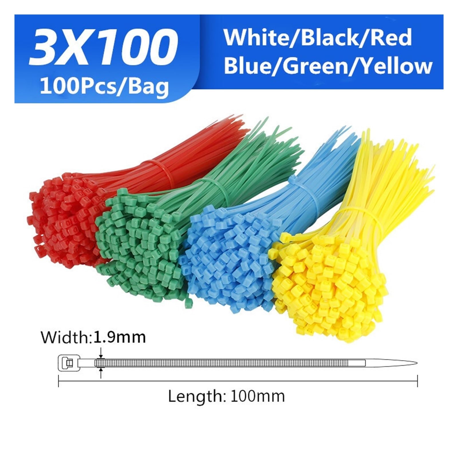 Fascette fermacavi in nylon, autobloccanti, 100 pezzi, multicolore, 1,9 mm x 100 mm (nero)