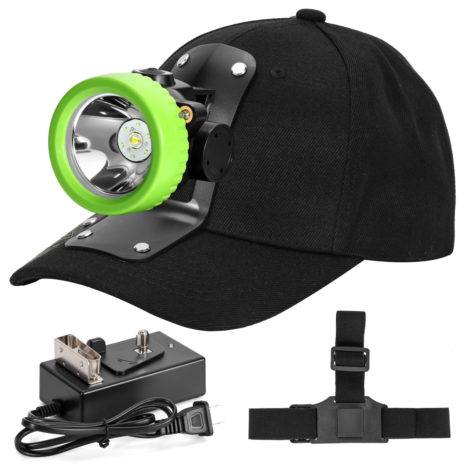 Lokilo Super Bright 1+6 LED Mining Headlamp,Rechargeable Waterproof Headlight with Miner Cap,Long Lasting,Lightweight Perfect for Work Camping Hiking and Emergency Use White Light (Green with Hat)