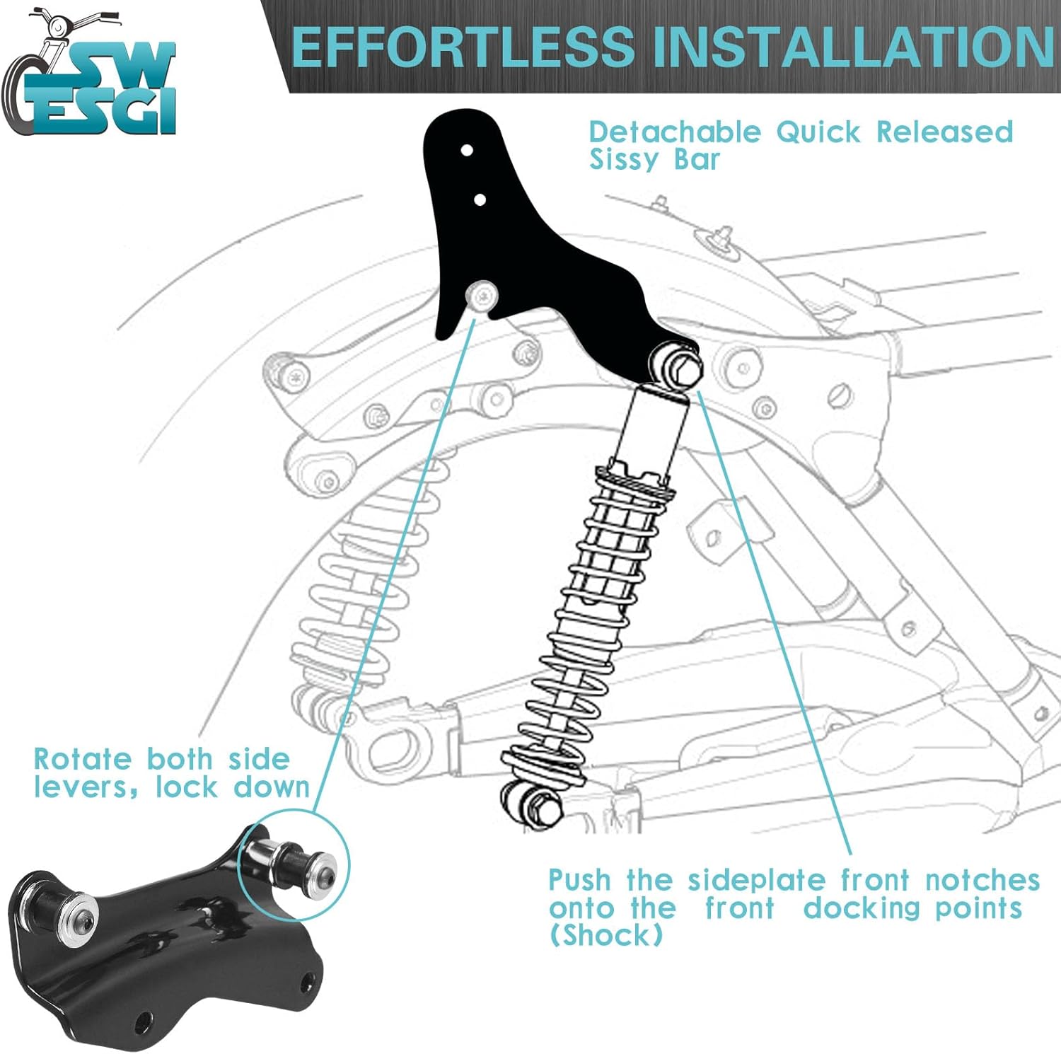 Detachable Adjustable 24” Sissy Bar Passenger Backrest Compatible with Harley Touring Street Glide Road Glide Road King Electra Glide 2009-2025 Gloss Black