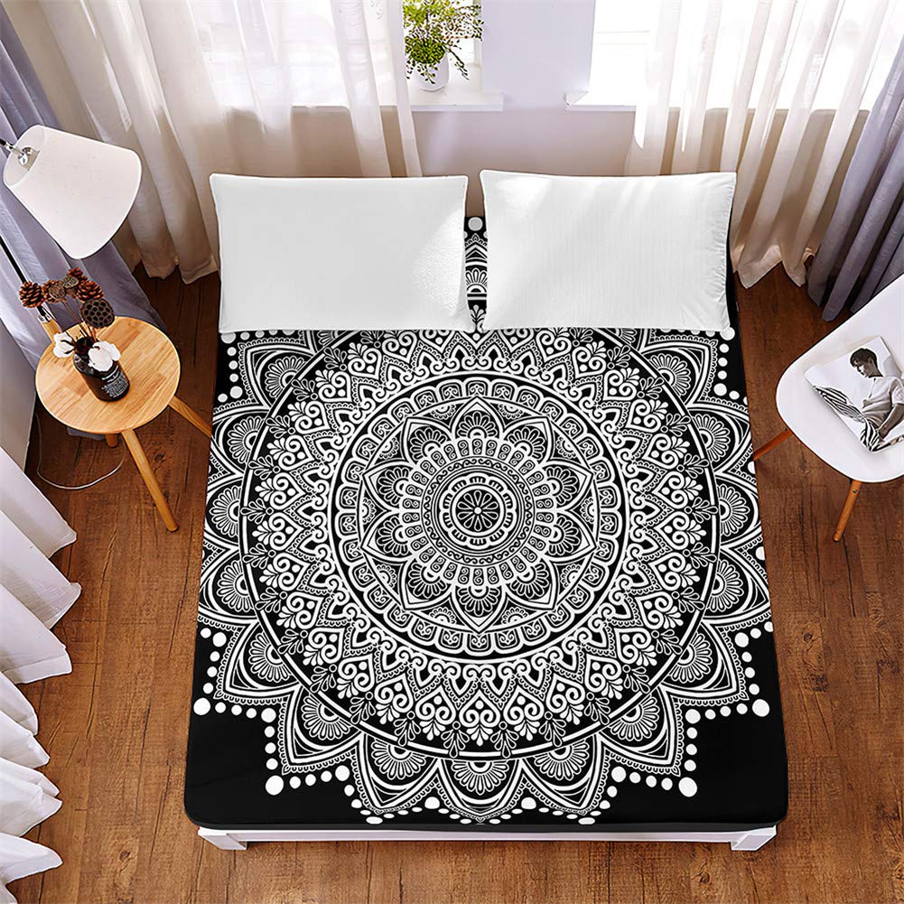 Drap housse matelas épais 120x200 respirant imprimé 3D motif Lotus Noir