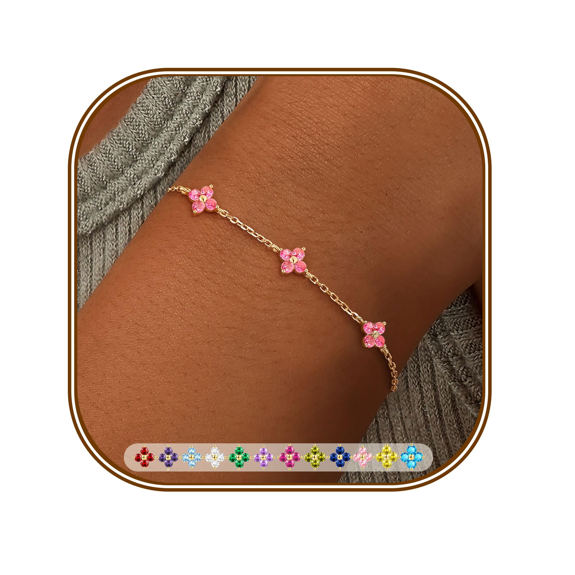 FUNEIA Armband Damen Gold Verstellbar 18K Vergoldet Charm Armband Kleeblatt Armband mit Zirkonia Goldene Armbänder Blumen Armkette Damenarmband Wasserfest Schmuck Geschenke für Frauen Mädchen