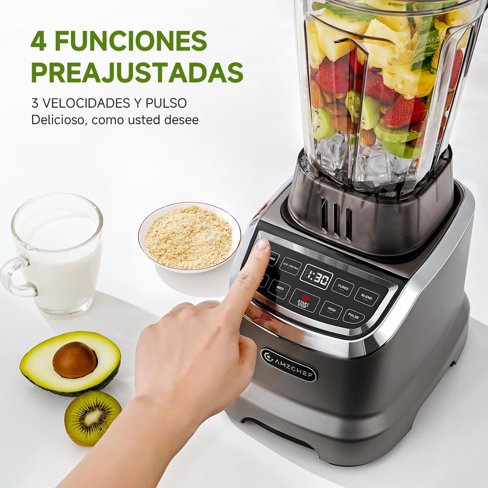 AMZCHEF 1800W Batidora de Vaso 2-EN-1,Batidora Smoothie Profesional de 1,85 litros con 6 cuchillas,Batidora de Vaso Individual 600ml BPA de 1,85L y 600ml para 2 Modos de Mezcla