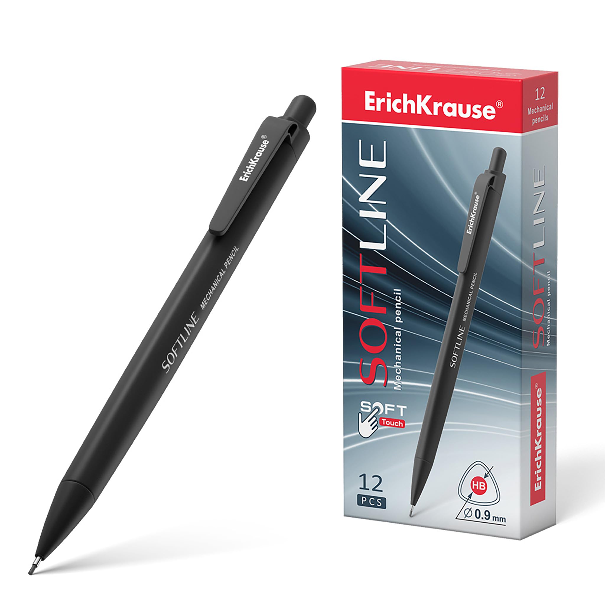 Erich Krause ErichKrause Portaminas HB 0,9 mm con goma de borrar, 12 unidades, lápiz negro para oficina, escuela y hobby, lápiz para dibujar, dibujar, escribir