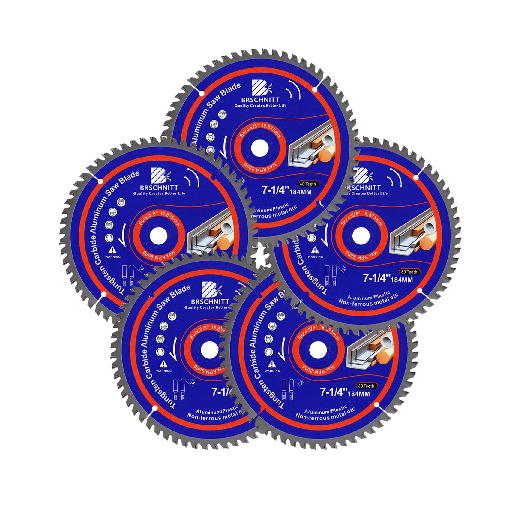 BRSCHNITT 184mm 60Tooth TCG Metal Saw Blade - for Aluminum Plastics and Non Ferrous 5/8"Arbor（5pcs）