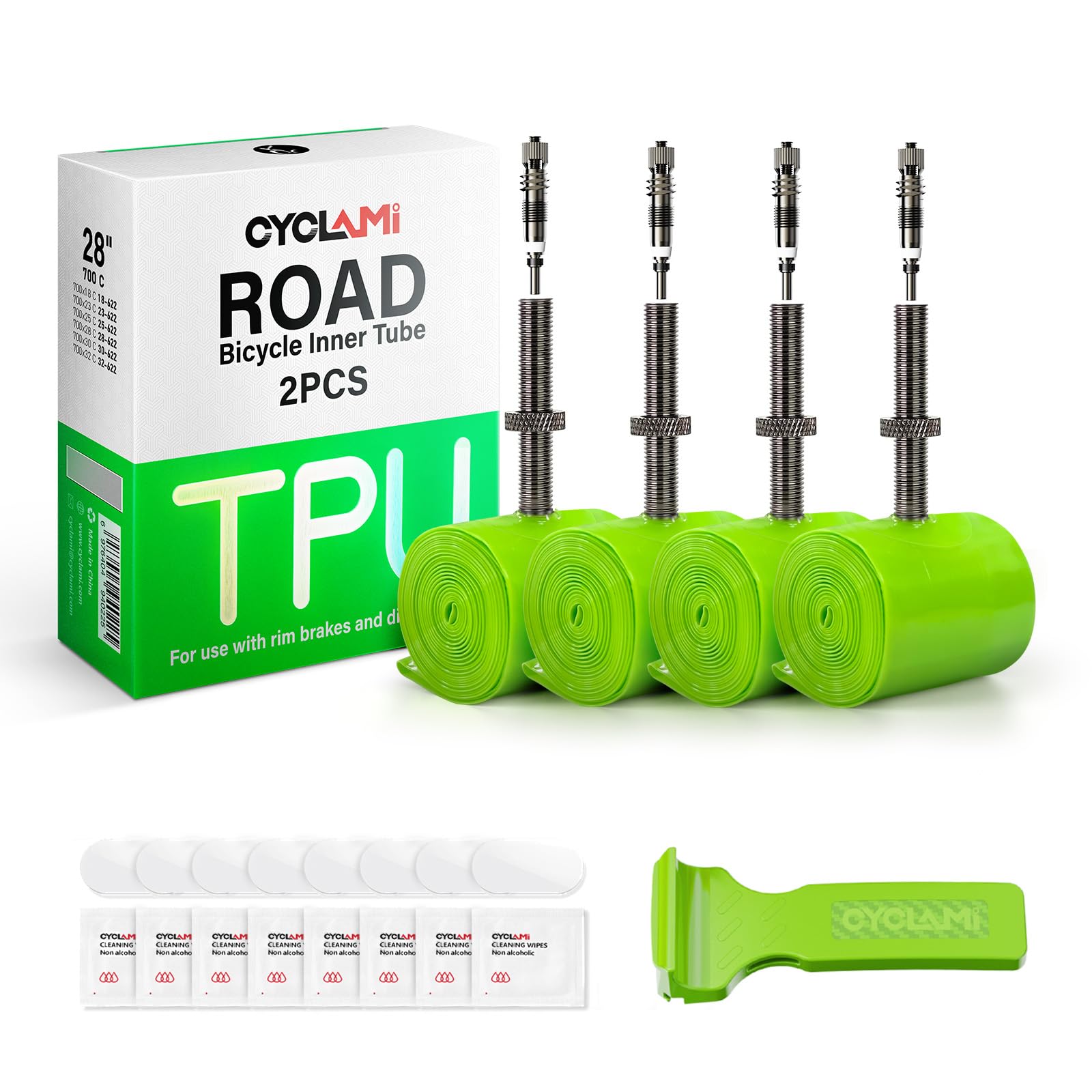 CYCLAMI TPU Inner Tube Road Bike, 2/4 Pieces Removable Metal Air Valve TPU Inner Tube 700C x 23C/25C/28C/30C/32C, 38g Bicycle Inner Tube FV: 45/60/80 mm, 1 x Tyre Lever (4P-45 mm Valve)