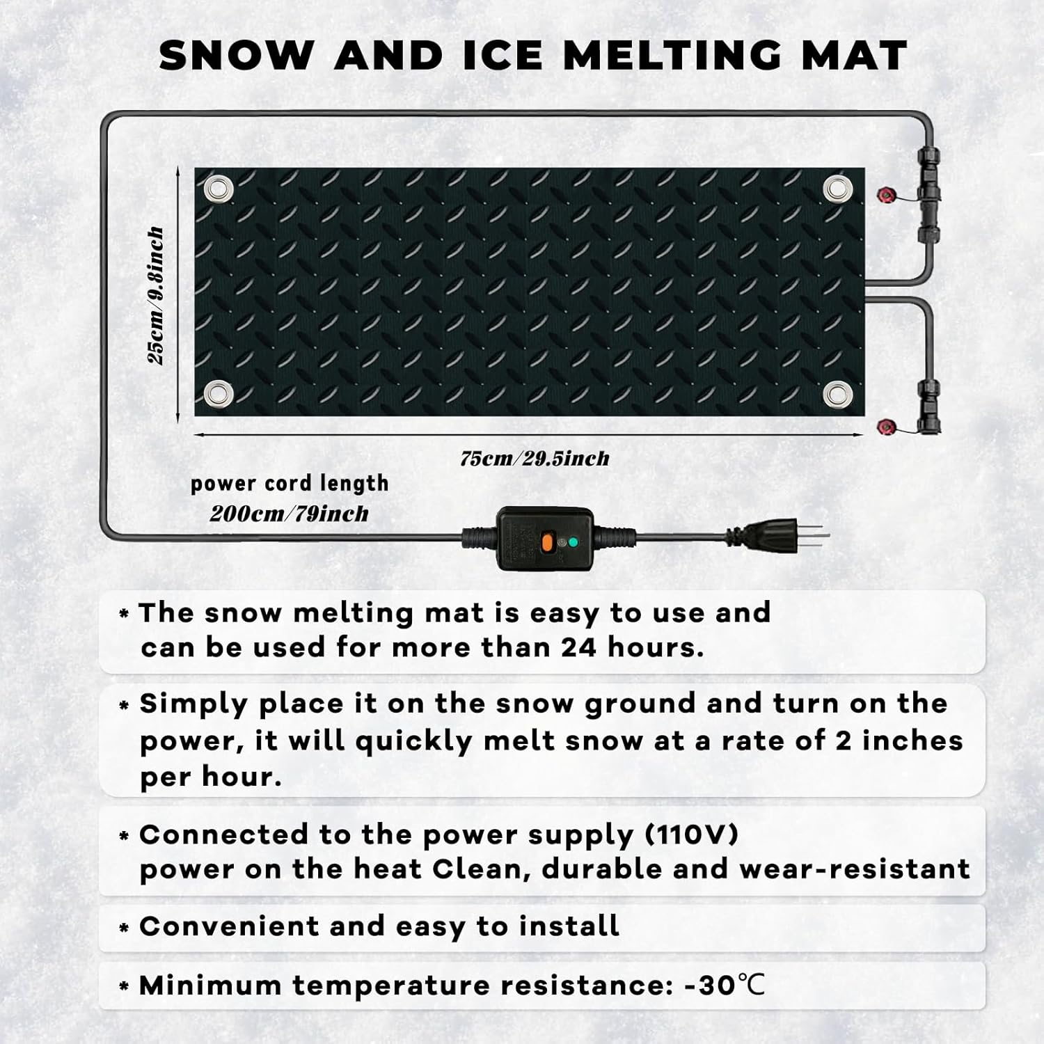 Snow Melting Walkway Mat 3 Pcs, 10" X 30" Snow & Ice Melting Mat Slip-Proof Rubber Heated Mat, Doors, Courtyard corridors, Outdoor, Stairs, ramps, entrances, Roofs(3, Black)