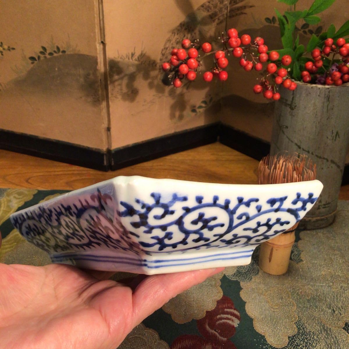 古伊万里 染付 微塵唐草 隅入 長皿 2枚 1700年後期〜