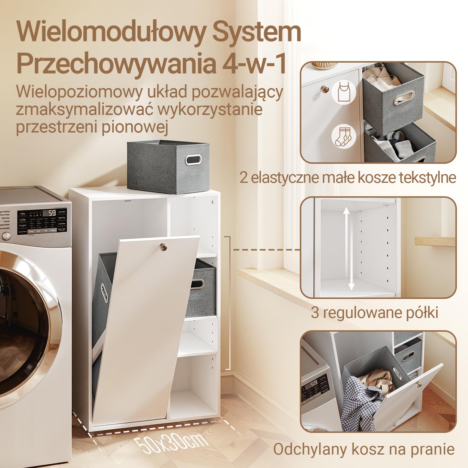 SoBuy BZR218-W szafka łazienkowa z koszem na pranie – wąska szafka łazienkowa z 2 szufladami z materiału, szerokość 50 cm, regał łazienkowy