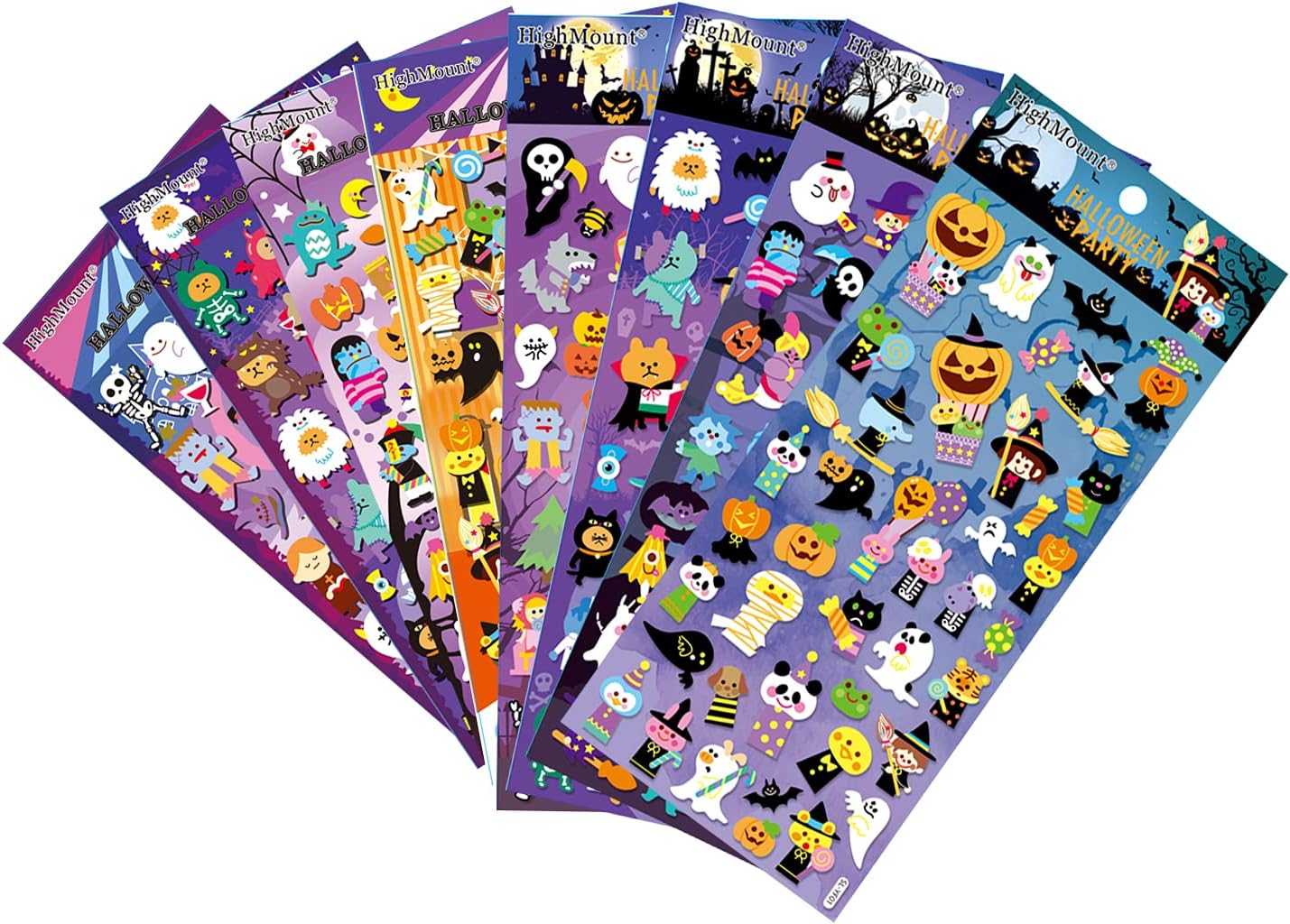 Happy Halloweens Stickers 8 Sheets with Ghost, Pumpkin, Demon, Wizard, Mummy, Vampire, Witch, Skull, Bat, Spider Stickers Deacals for Jack O Lantern Decoration Scrapbooking Kids Party Favors
