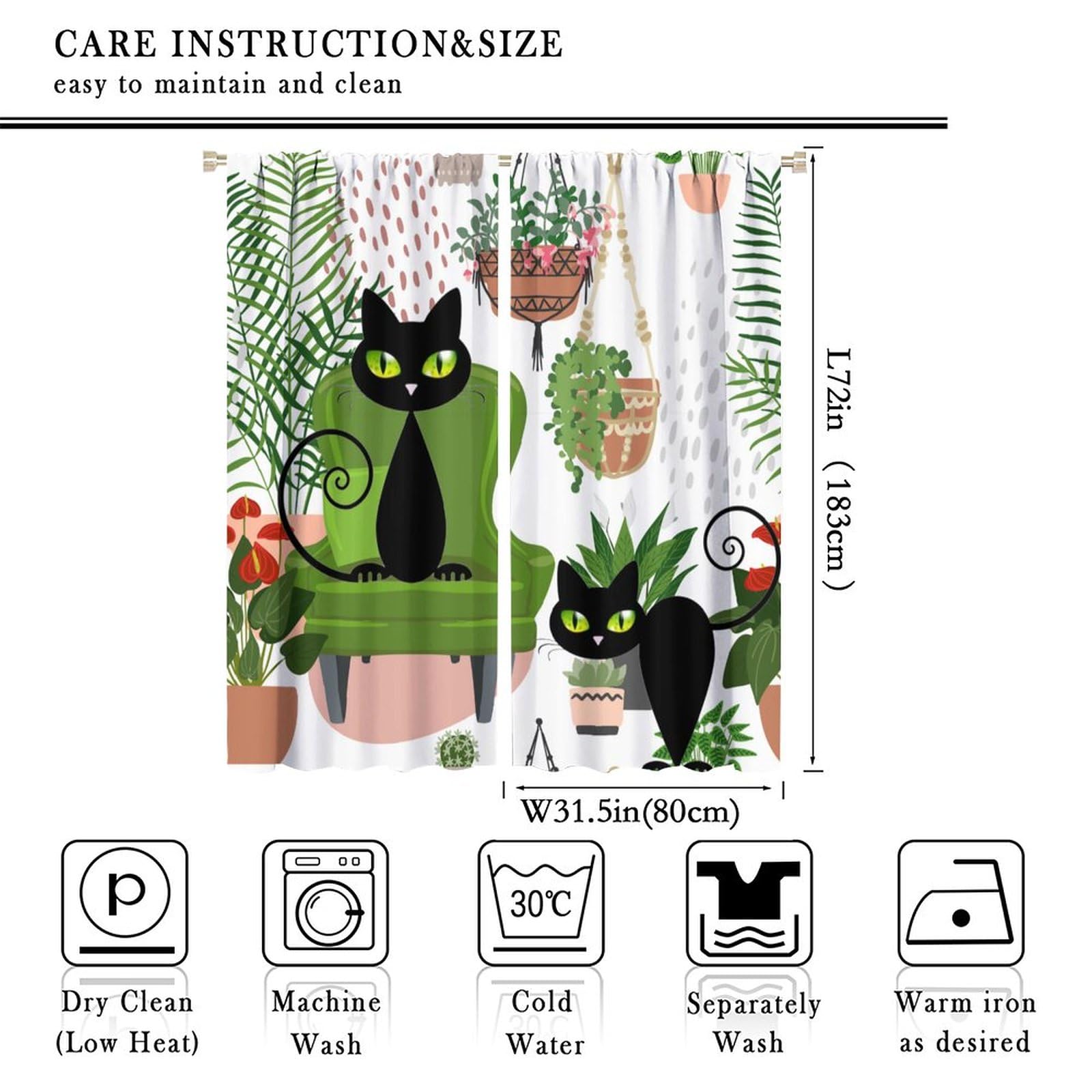 XBDDZSW Potted Plant Black cat Curtain Greenhouse Tropical Plant Mischievous Black cat Boho Flower Cactus Garden Pattern Printing Curtain Bedroom Living Room Decoration Blackout Curtain W63 * L72inch