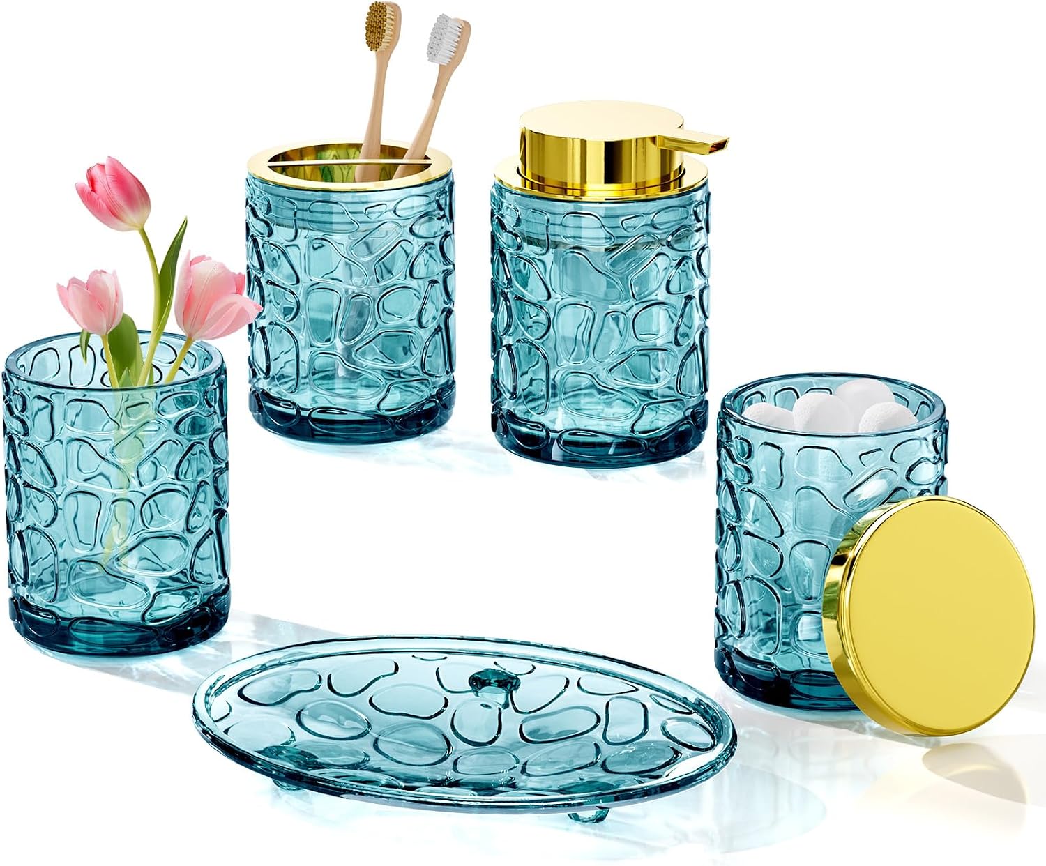 Teal Bathroom Accessories Set 5 Pcs Sink Countertop Decor Organizer, Heavy Glass Pebble Vanity Set, Gold Foaming Soap Dispenser, Toothbrush Holder with Tray, Soap Dish, Tumbler, Jar, Vintage Home Gift