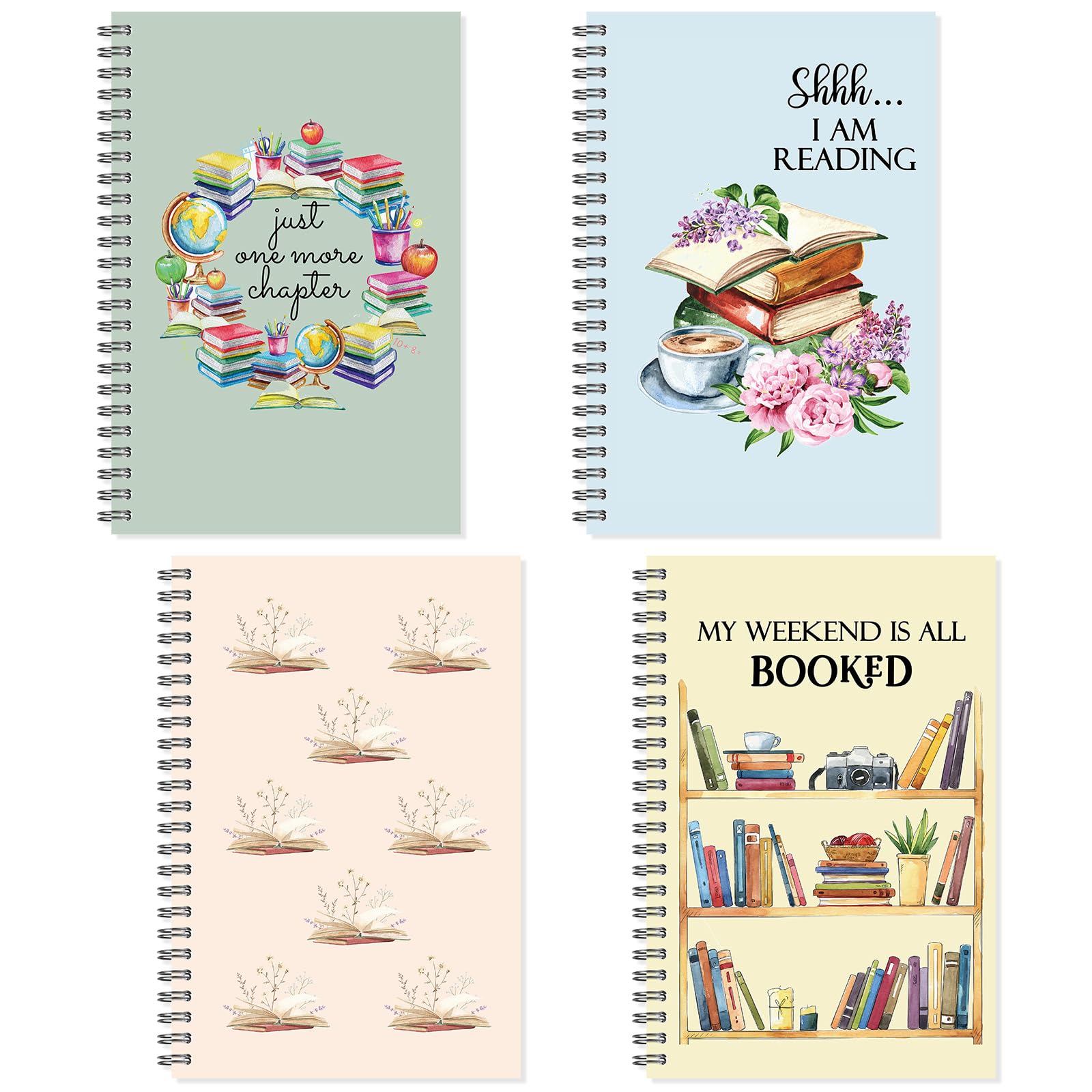 Colarr 4 Pieces Spiral Notebook Book Lover Reading Journals for Writing Note Taking Back to School Journal Gift 80 Sheets A5 Lined Notebook for School