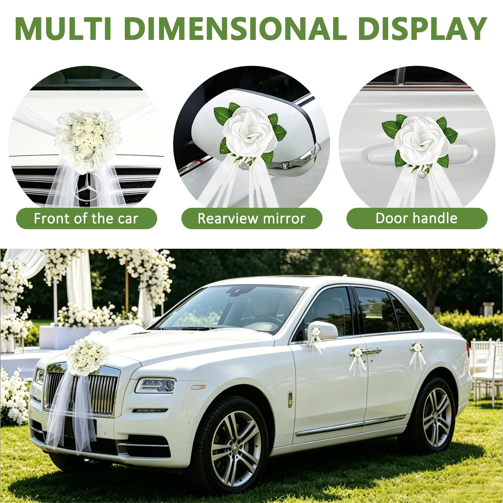 Décoration de Voiture Blanche pour Mariage, Cœur Decoration Voiture Mariage avec 1 Guirlande de Cœurs, 8 Fleurs, 2 Bandes de Tulle (1,8m), Décoration de véhicule pour Mariage et fête