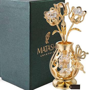Matashi 24K Gold Plated Crystal Studded Flower Ornament in a Vase with Decorative Butterfly Elegant Tabletop Showpiece Unique GIF for Mom, Wife, Grandma Mothers Day, Birthday
