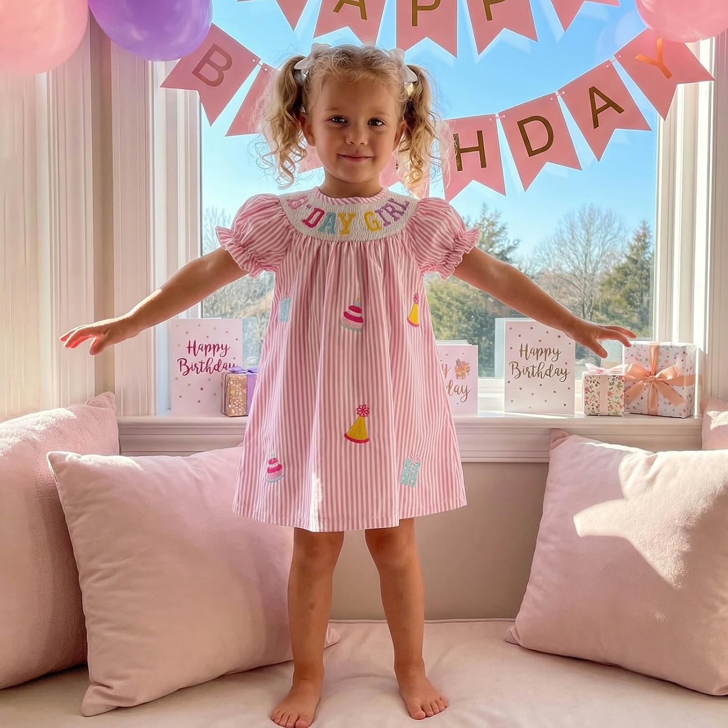 Toddler Baby Girl Birthday Dress Striped Cake Letter Embroidered Party Short Sleeve A-line Princess Dresses 1-5T