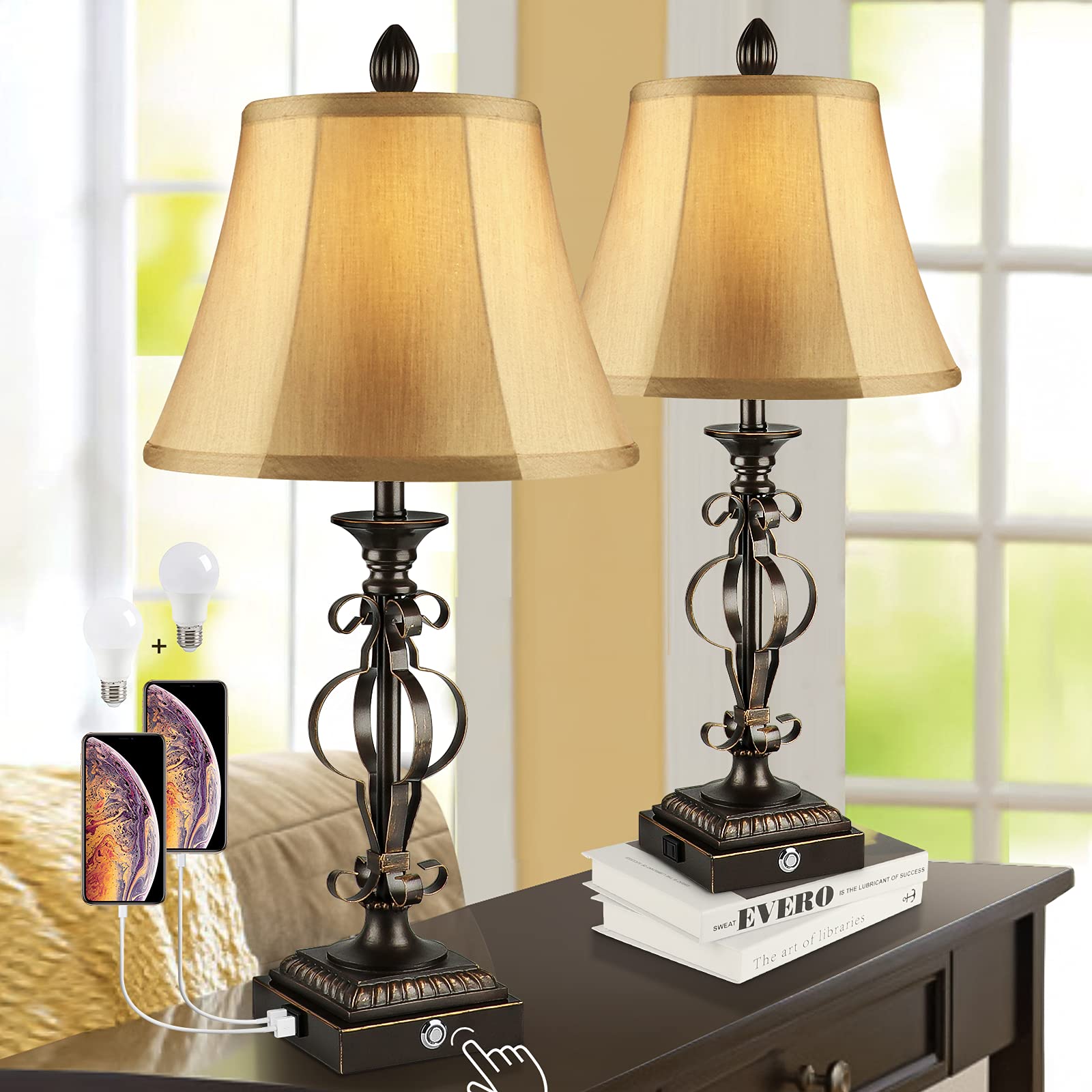 Buy Table Lamps Set of 2, Touch Control 3Way Dimmable Vintage Bedside