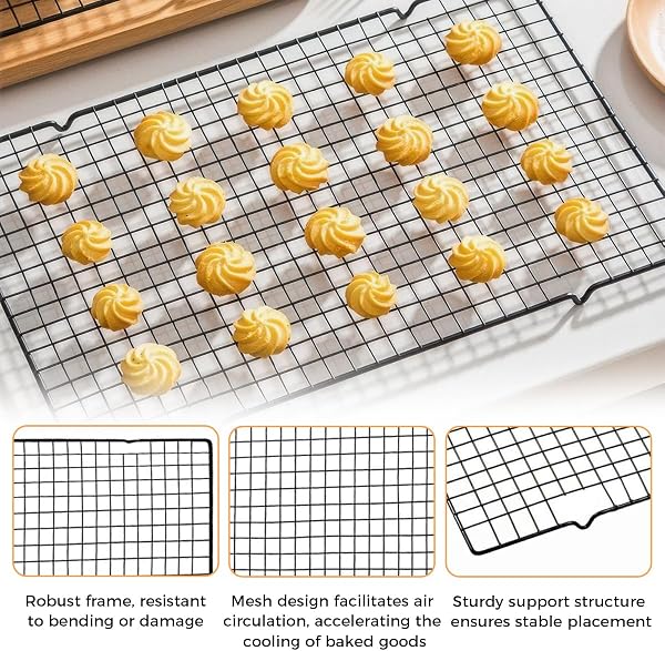 Set de 3 Grille de Refroidissement,40 x 25 cm Grilles Rectangulaires en Acier Inoxydable,Grille de Cuisson,Noir,Grilles Réutilisables pour La Cuisson,Le Gril et Le Séchage,Saines et Robustes - 3