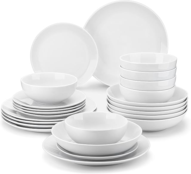 MALACASA Dinner Sets, 24-Piece Porcelain Plates and Bowls Set with 6-Piece Dinner Plate/Soup Plate/Side Plate/Cereal Bowl, Dinnerware Set Service for 6, Series Amelia