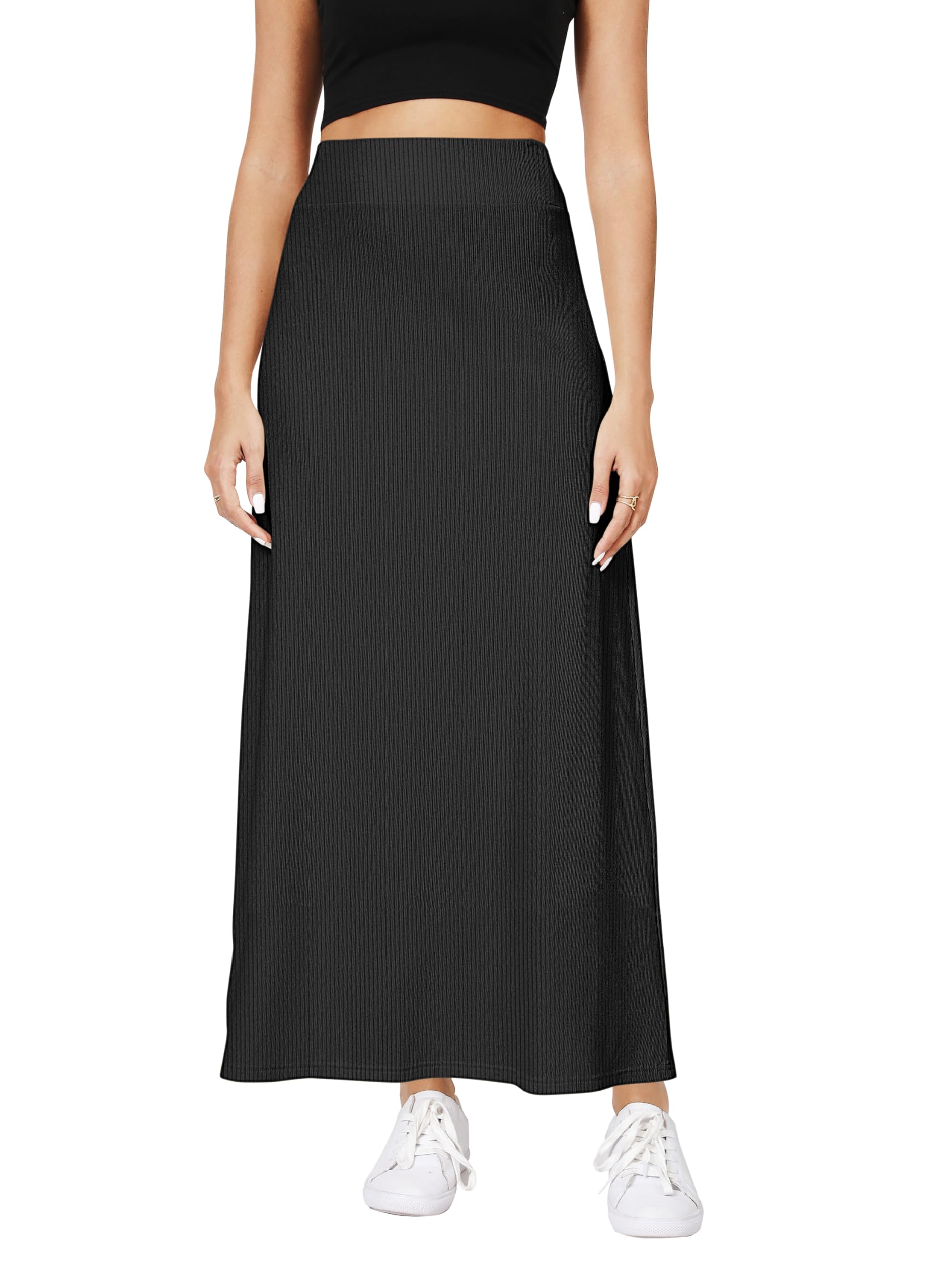 Urban Coco Elastic Waist A-Line Long Maxi Skirt Below Knee for Women, Black, XL
