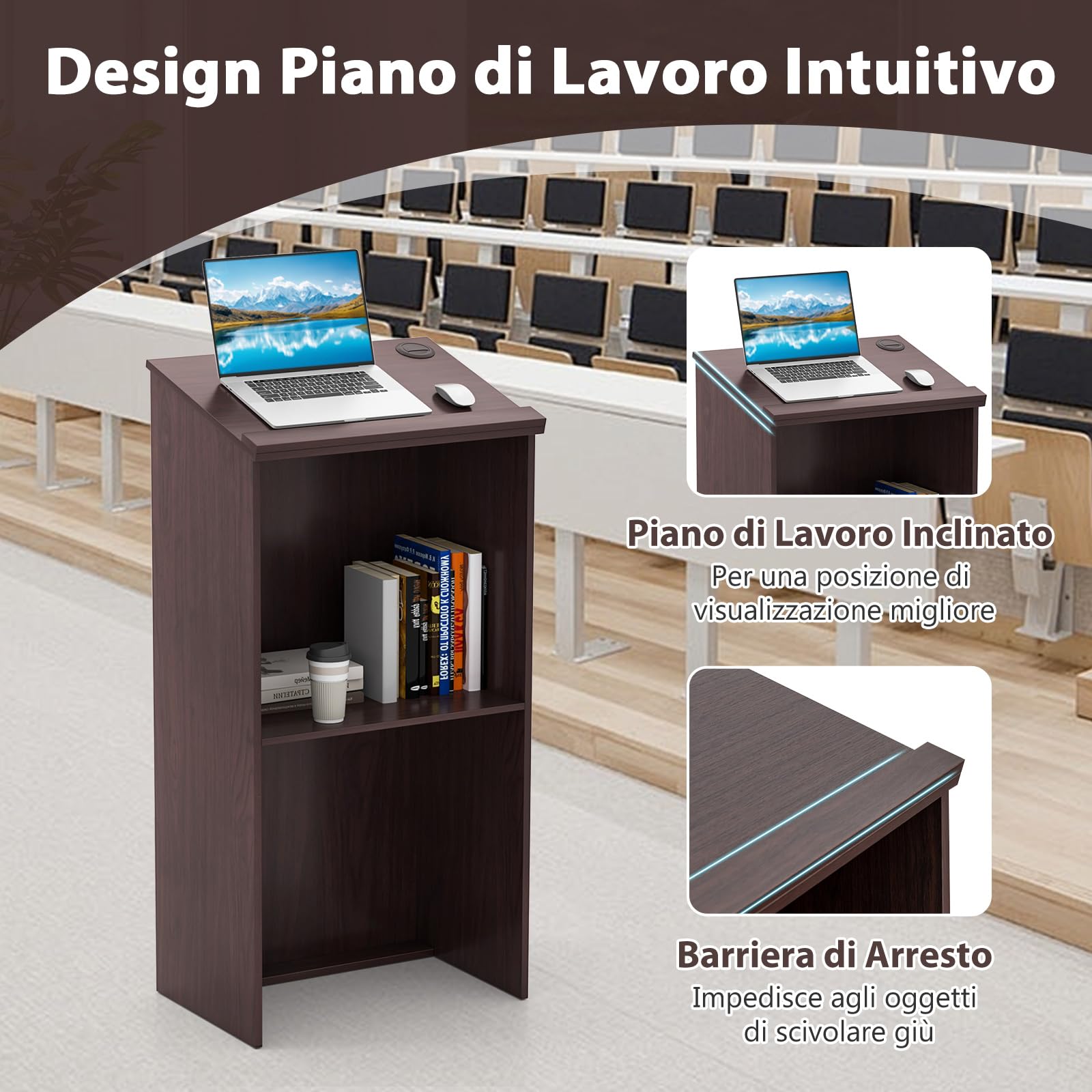 COSTWAY Leggio per Oratori, Podio per Conferenza con Ripiani e Fori per Cavi, Leggio da Pulpito in Legno per Aula, Ufficio, Ristorante e Seminario (Marrone)